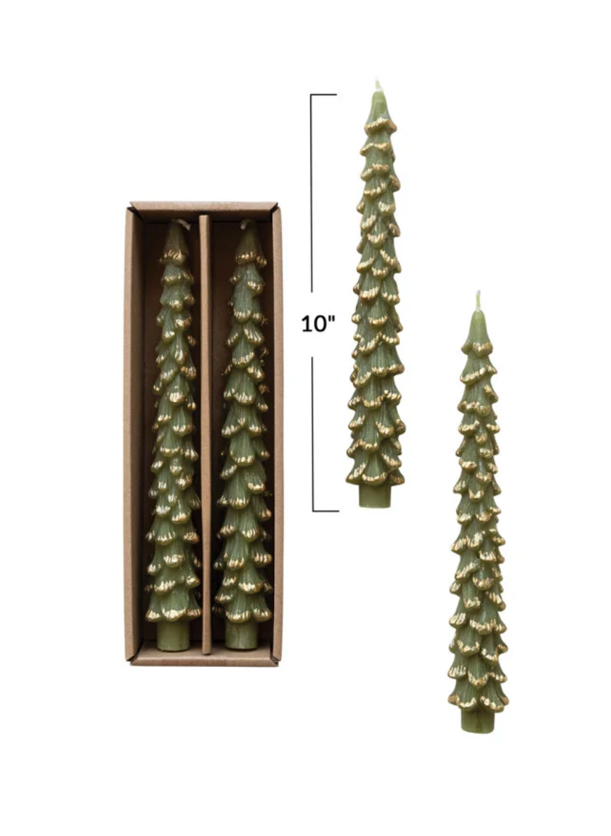 Unscented Tree Shaped Taper Candles w/ Gold Tips Evergreen Color