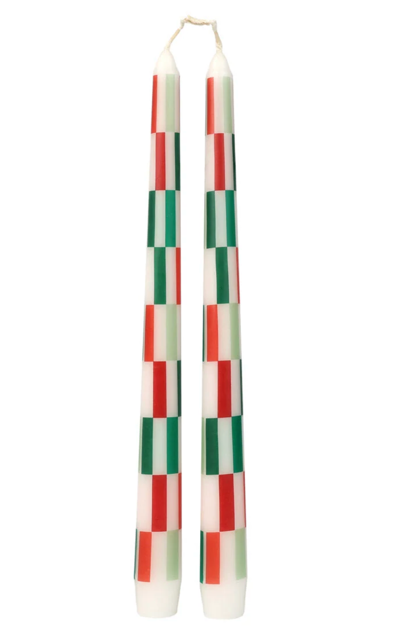 Red & Green Check Dinner Candles - 2 Pack