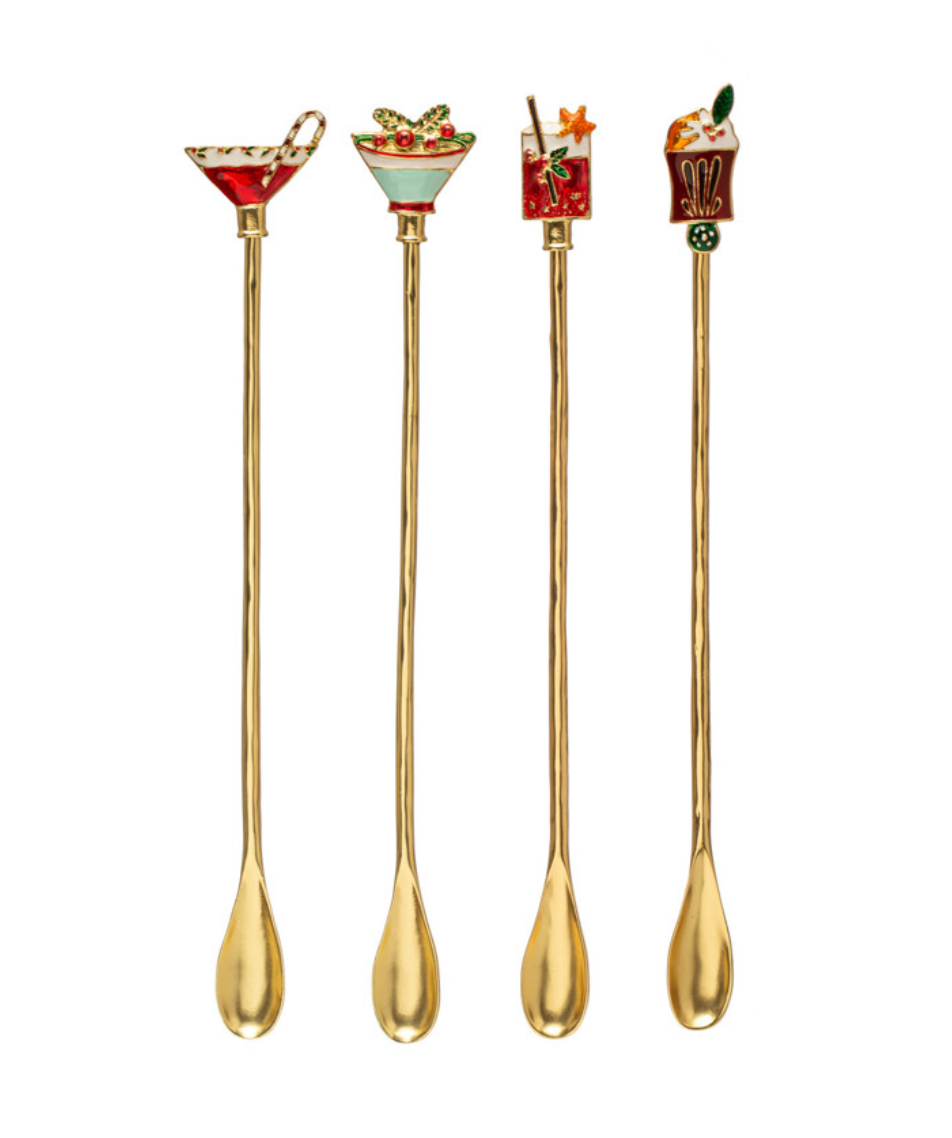 9"L Zinc Alloy Cocktail Spoon w/ Enameled Beverage Icon Handle