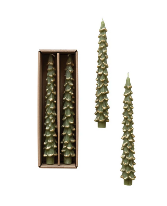 Unscented Tree Shaped Taper Candles w/ Gold Tips Evergreen Color