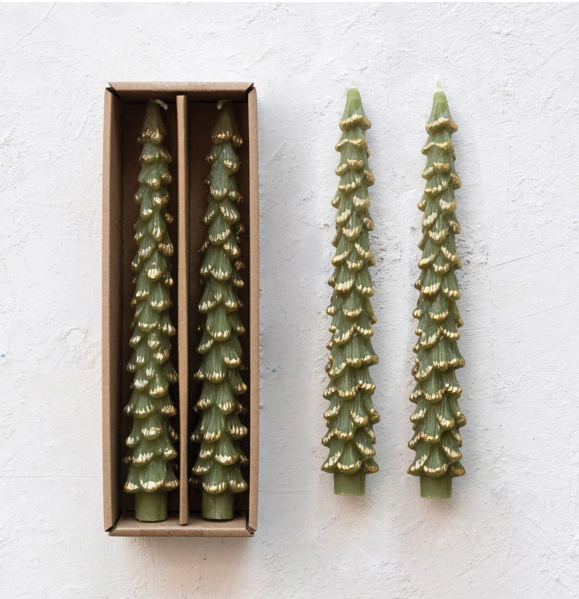 Unscented Tree Shaped Taper Candles w/ Gold Tips Evergreen Color