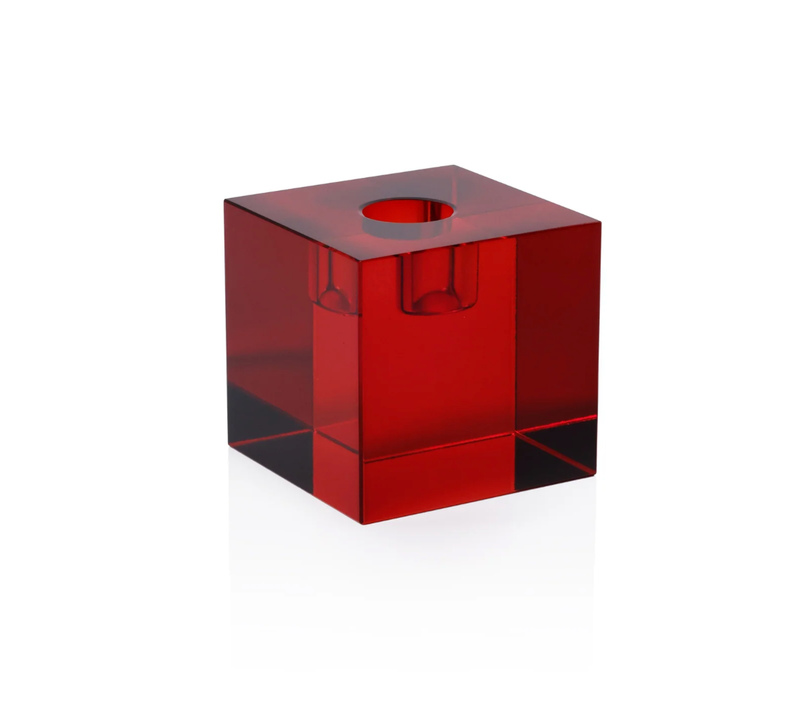 Square Crystal Glass Taper Holder - Small - Red