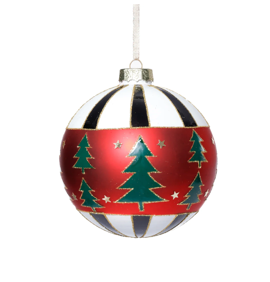 Tree Design Glass Ball Ornament - White, Black, Red, and Green - Large
