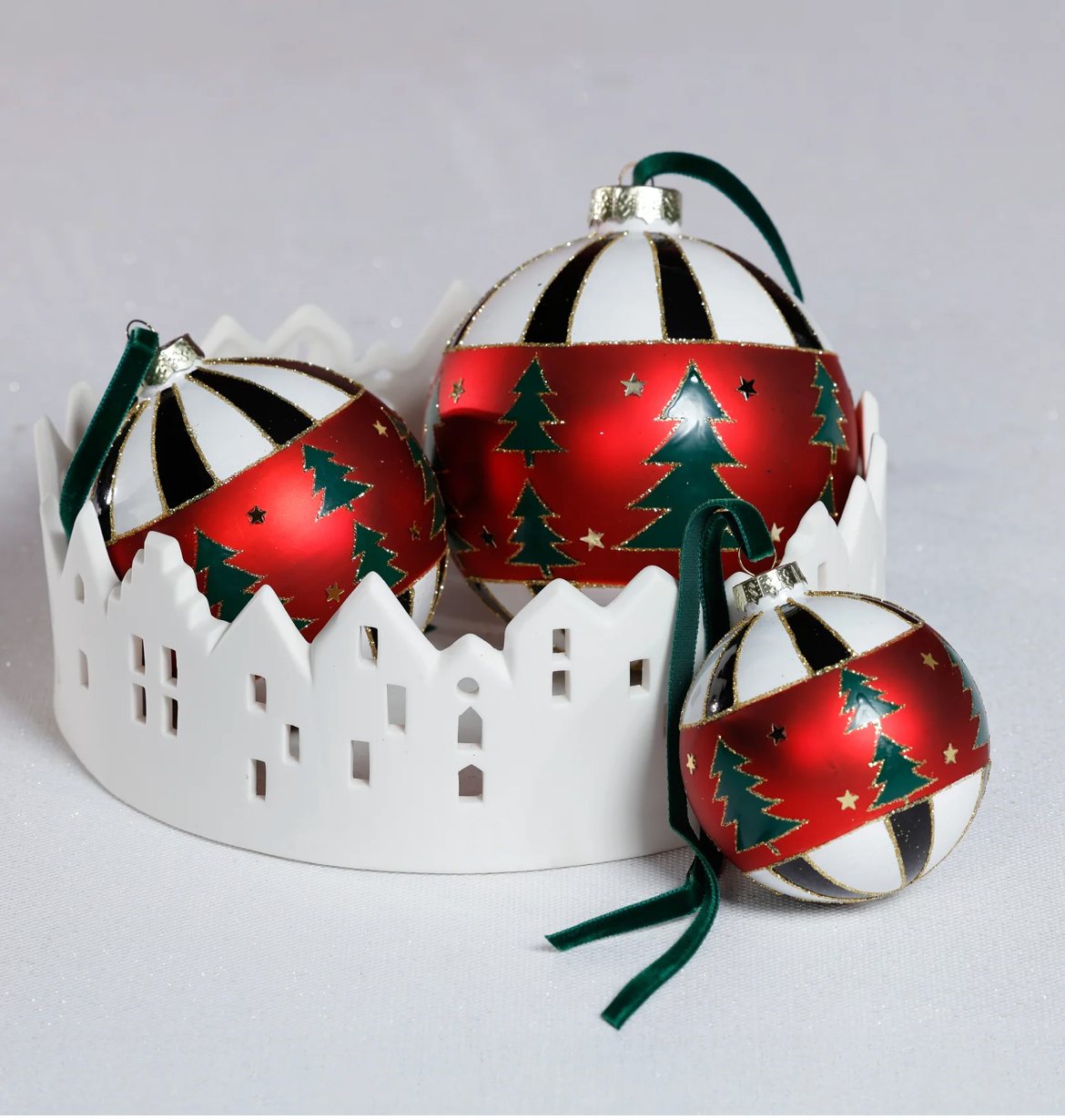 Tree Design Glass Ball Ornament - White, Black, Red, and Green - Large