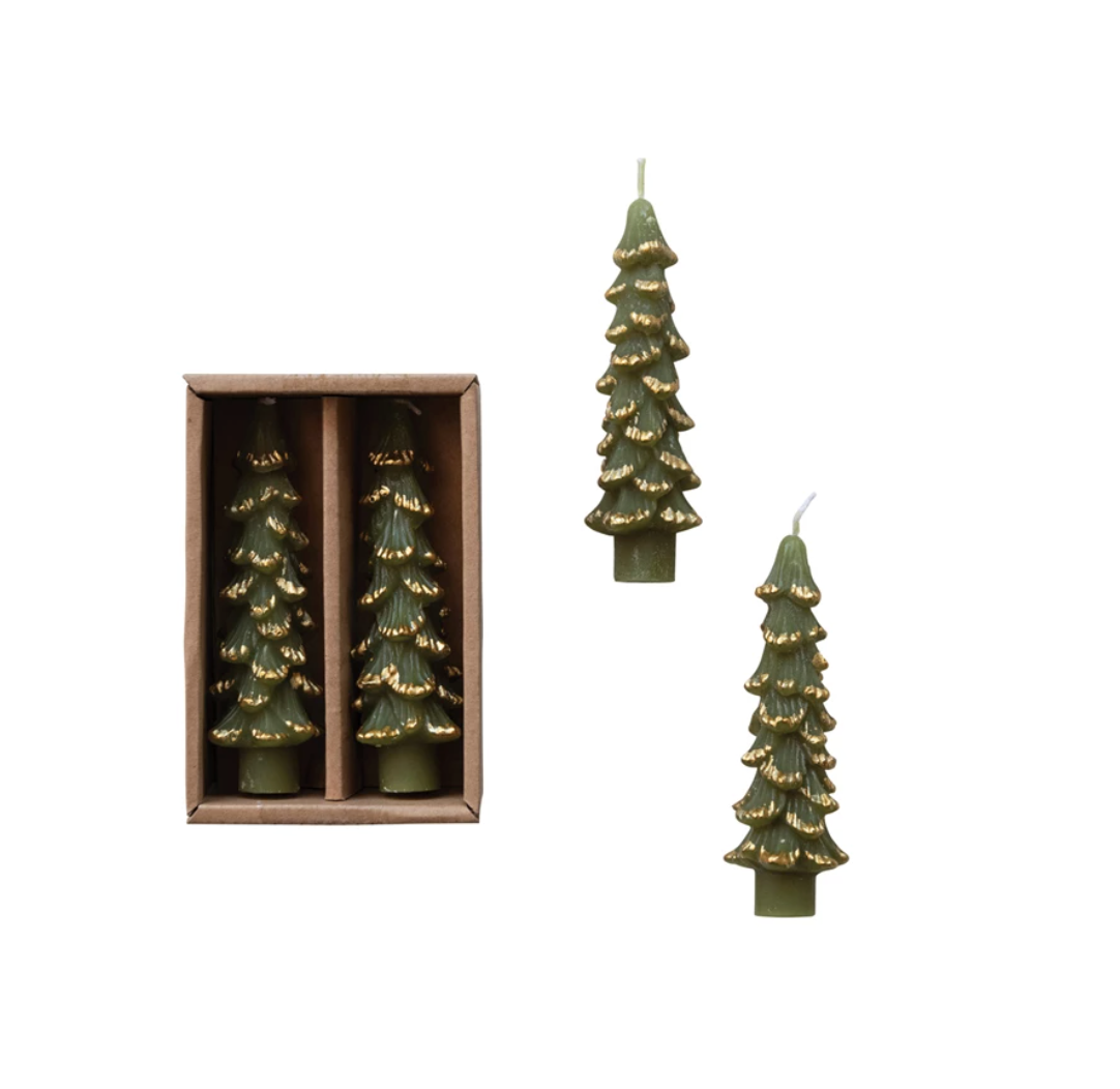 Unscented Tree Shaped Taper Candles Gold Tips in Box - Set of 2