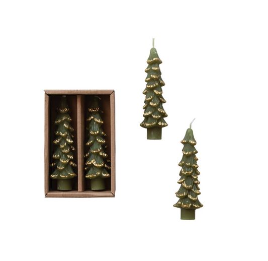 Unscented Tree Shaped Taper Candles Gold Tips in Box - Set of 2