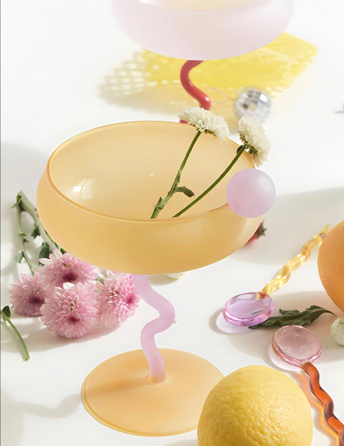 Yellow "Lollipop" Coloured Coupe Glass with Curvy Stem