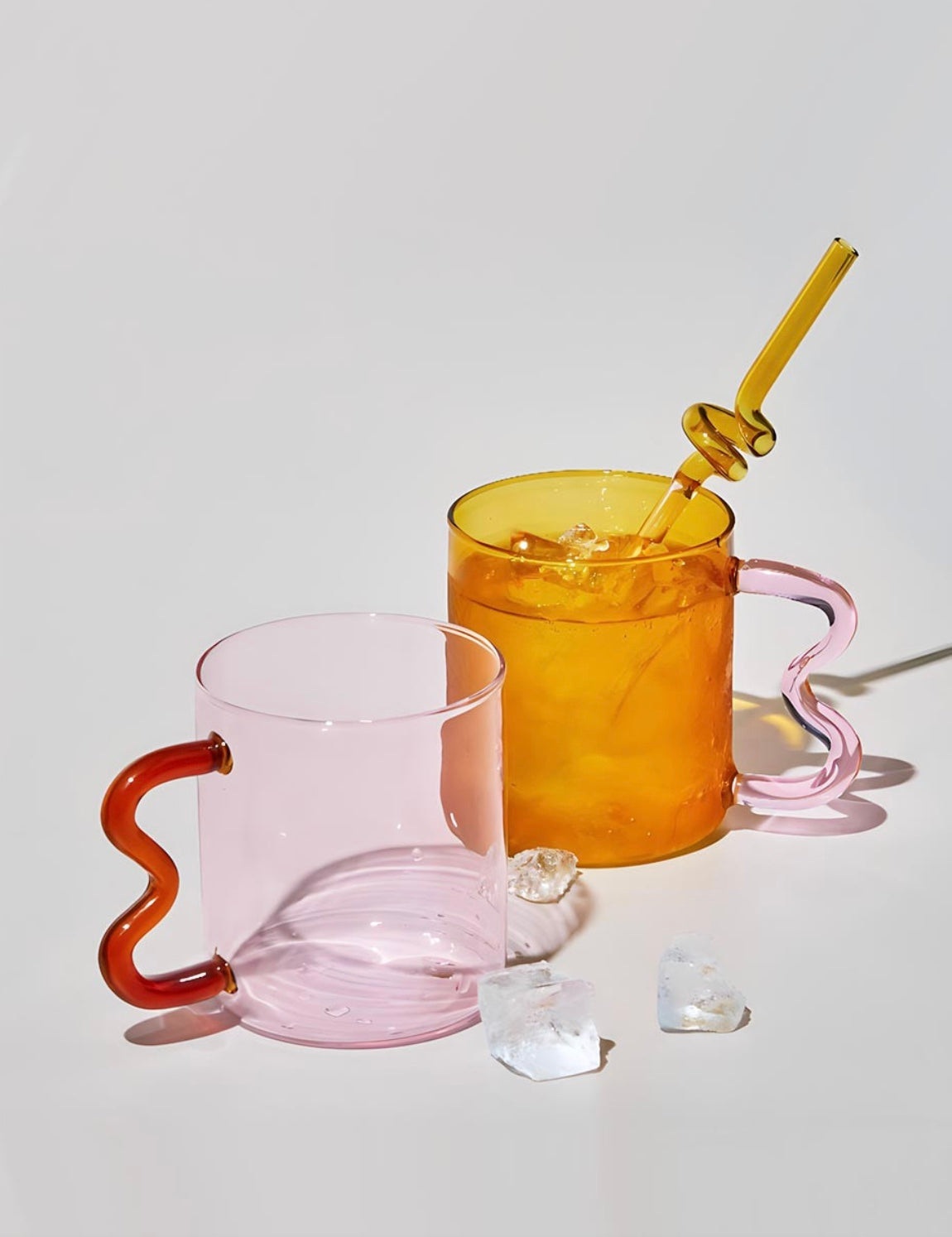 Colourful Glass Mug With Wavy Handle - "Bonbon" Pink & Amber