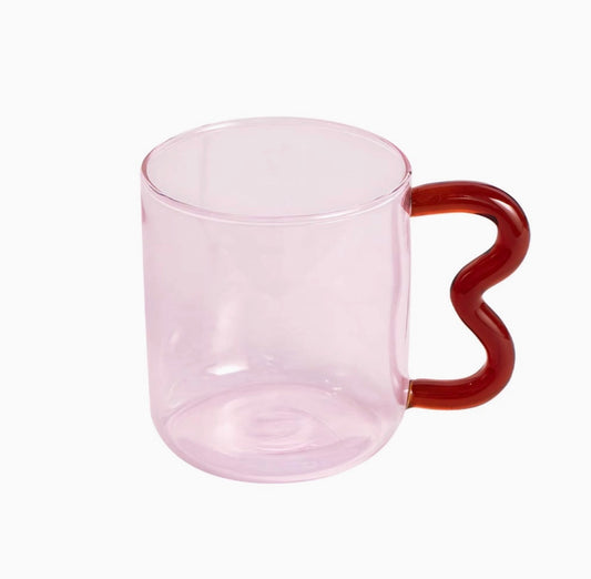 Colourful Glass Mug With Wavy Handle - "Bonbon" Pink & Amber